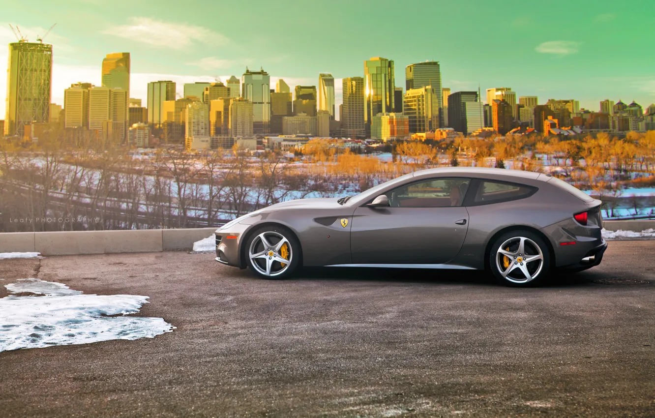 Photo wallpaper road, light, snow, the city, Parking, Ferrari, Ferrari, Ferrari Four