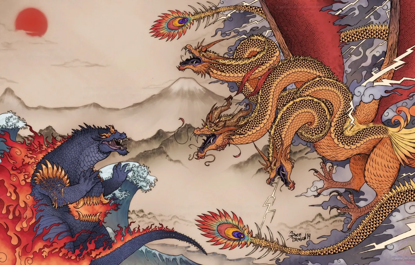 Photo wallpaper monster, art, Godzilla, Japan Style, King Ghidorah, Godzilla King of the Monsters (2019), Space Dragon