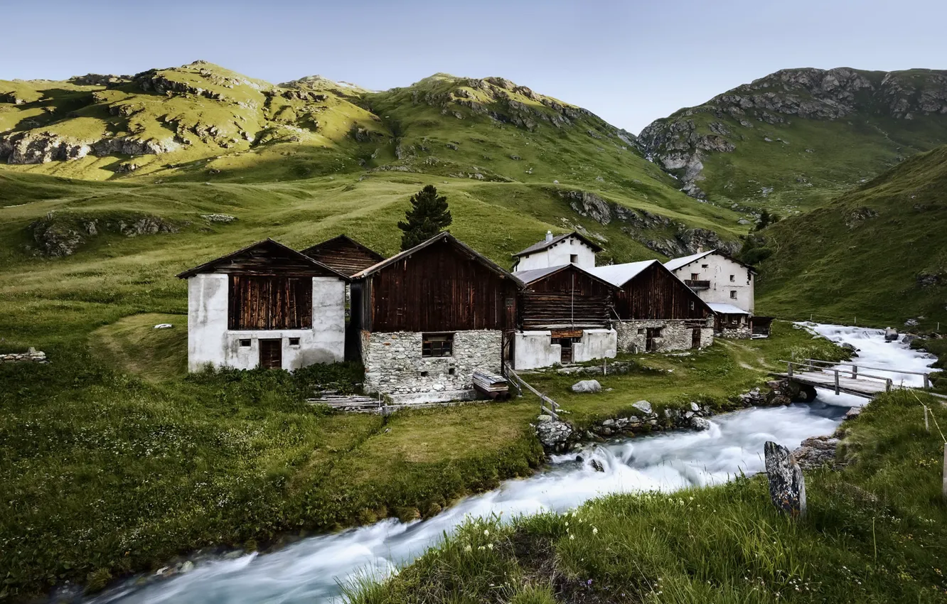 Photo wallpaper mountains, river, house