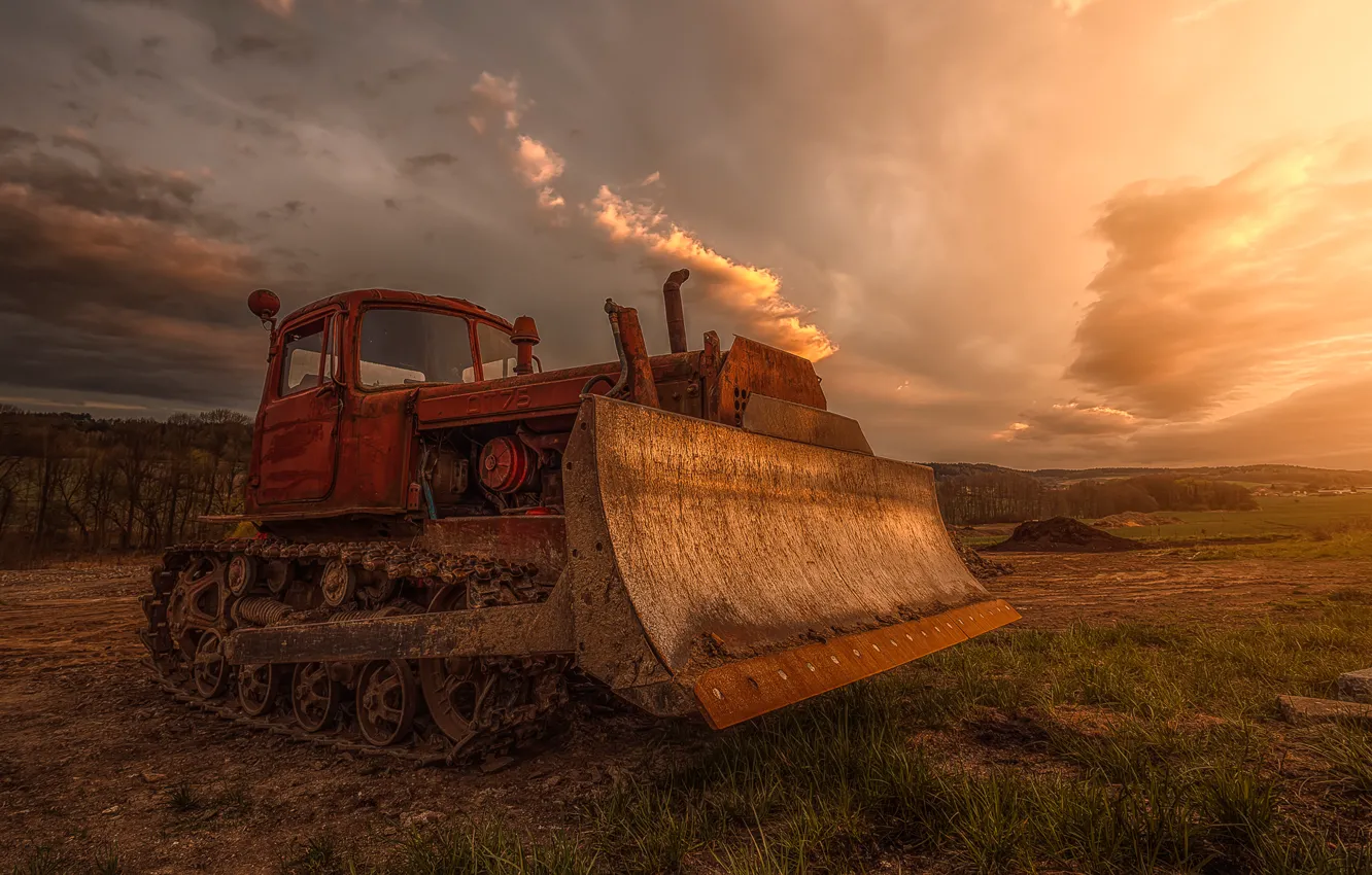 Photo wallpaper field, technique, dirt, hdr, bulldozer, excavator, construction, grader