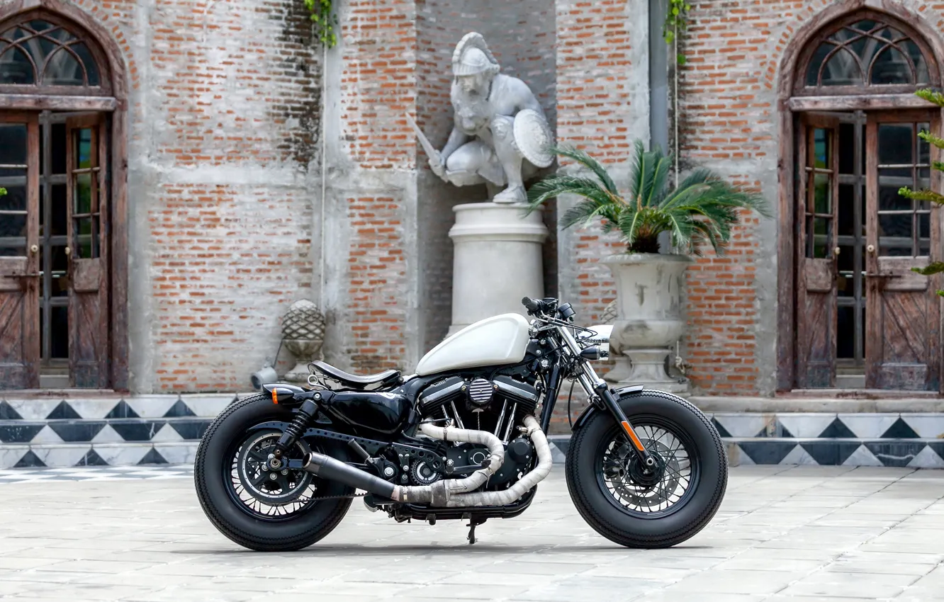 Photo wallpaper Statue, Motorcycle, Harley-Davidson, Side view, Yard