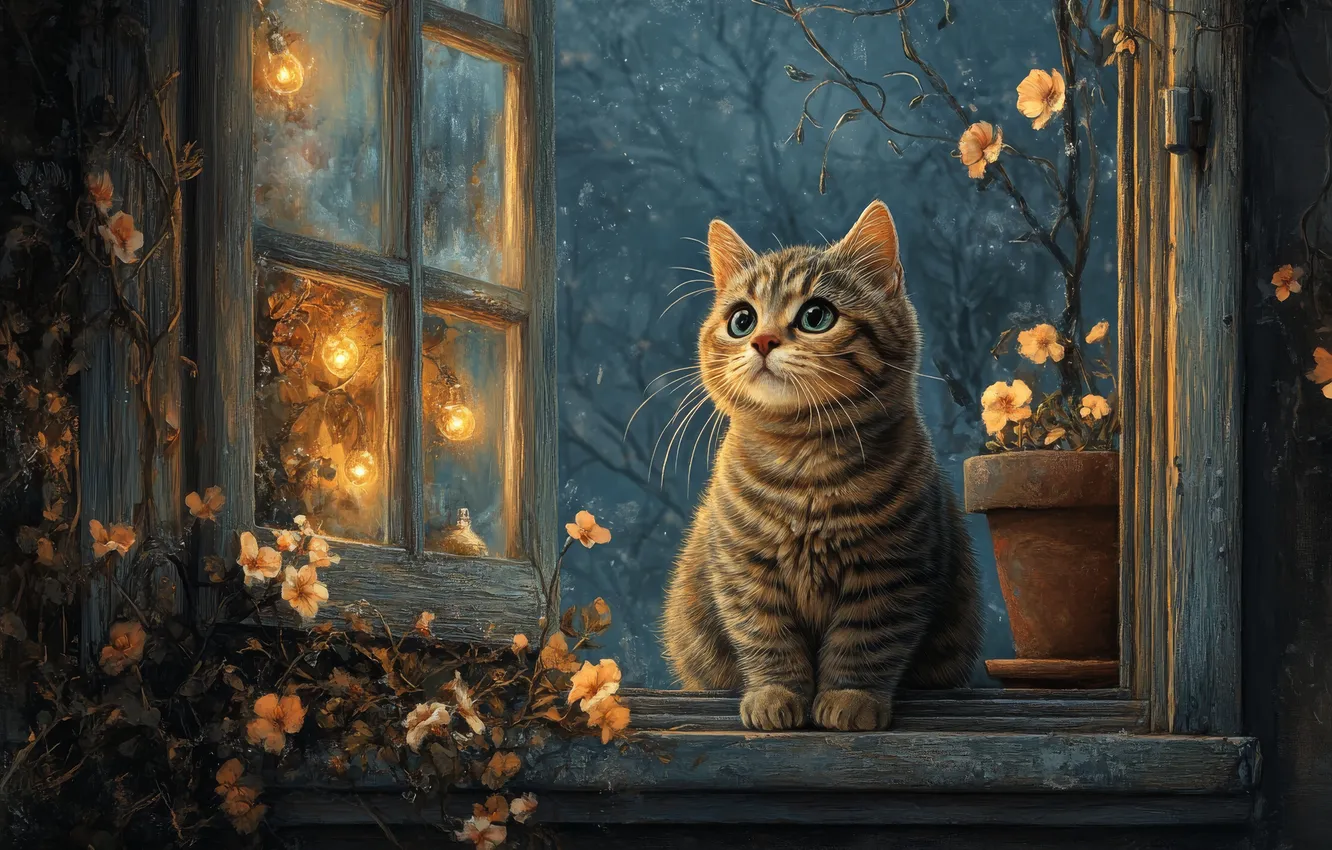Photo wallpaper cat, look, flowers, night, lights, pose, window, kitty
