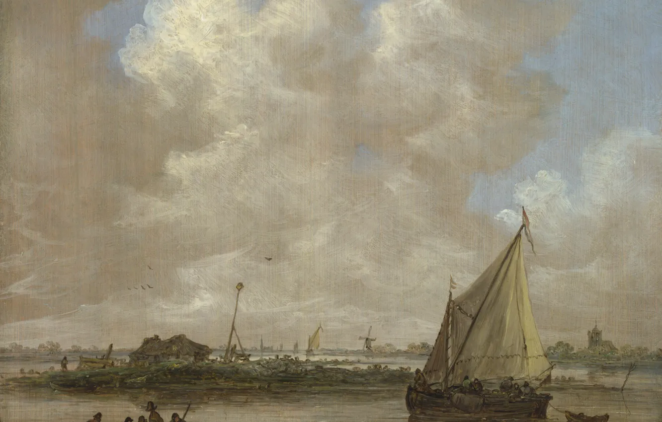 Photo wallpaper landscape, picture, sail, Jan van Goyen, Jan van Goyen, River view from the hut on …