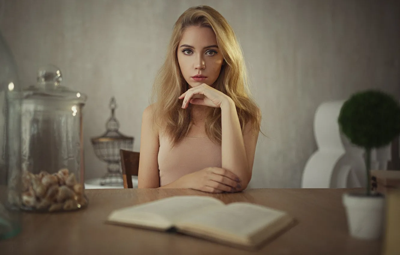 Photo wallpaper model, reading, looking at camera, Ksenia Kokoreva, At The Table