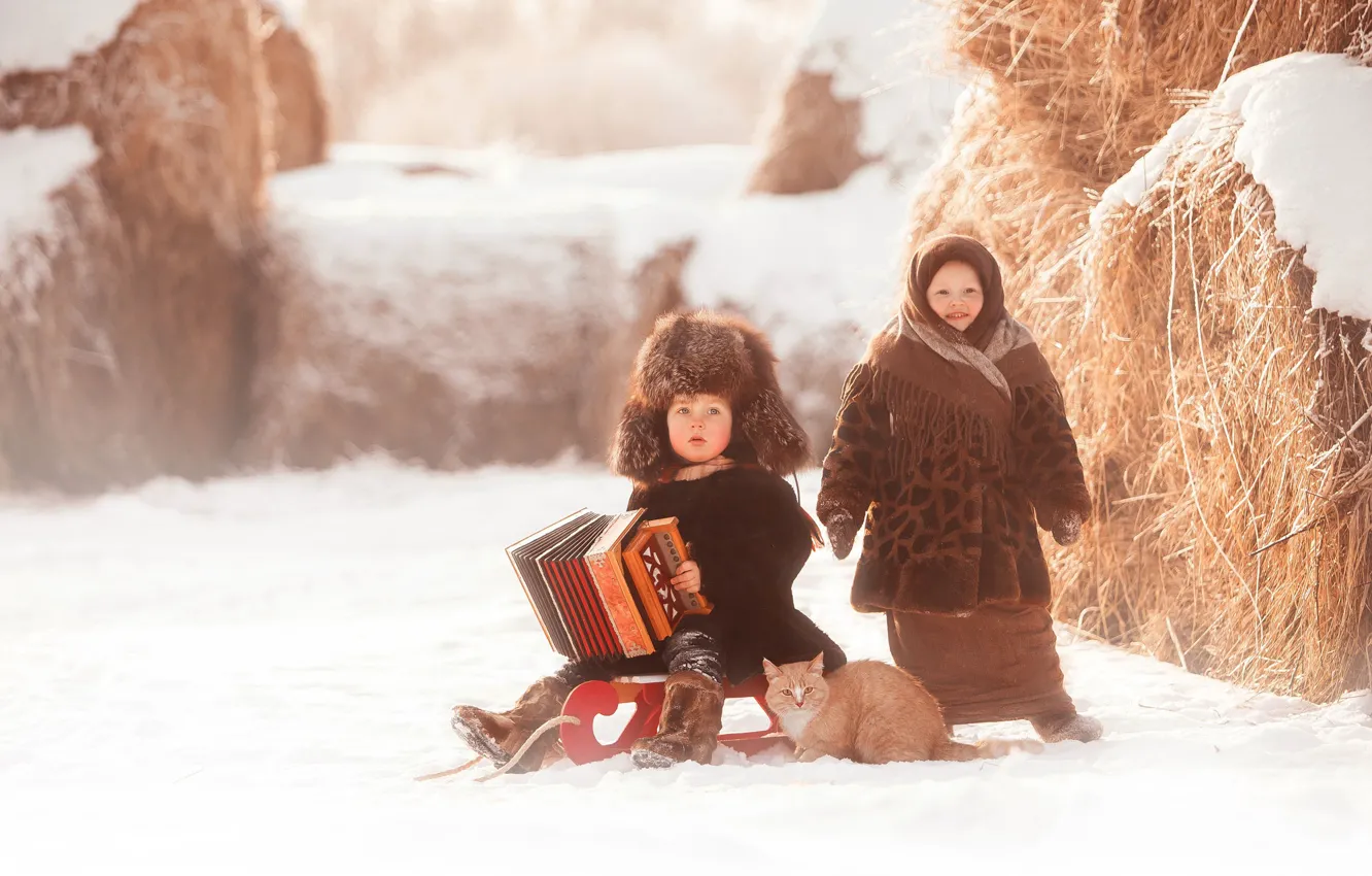 Photo wallpaper winter, cat, snow, hat, boy, village, hay, girl