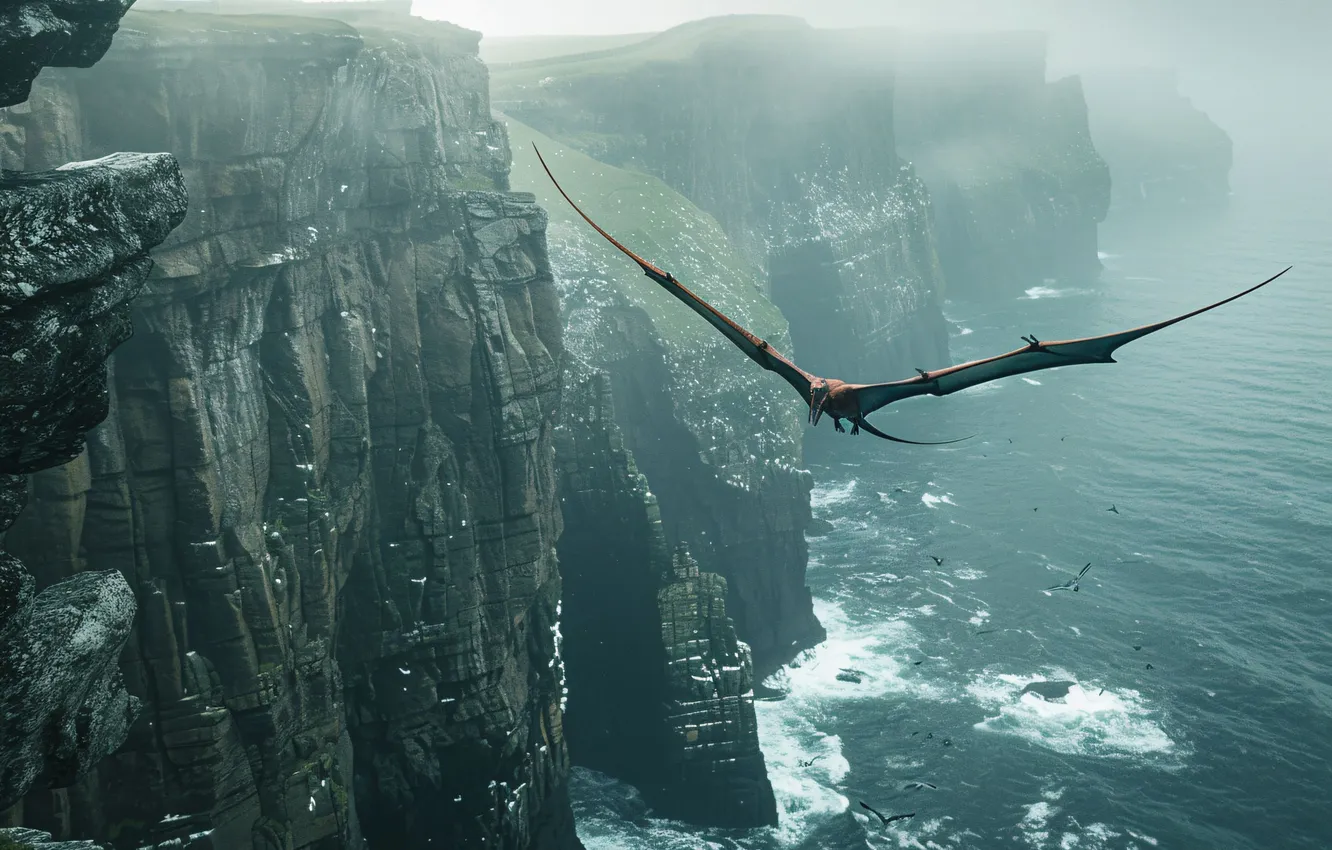 Photo wallpaper sea, flight, rocks, animal, wings, dinosaur, pterodactyl, digital art