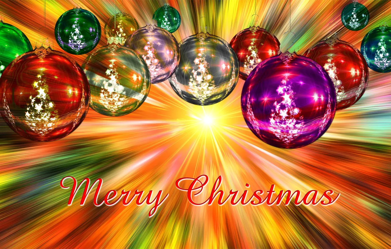 Photo wallpaper balls, rays, decoration, yellow, lights, letters, background, holiday