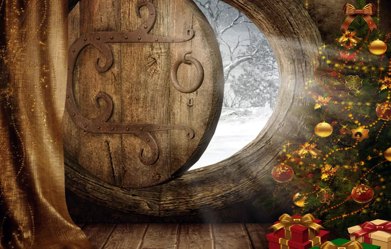 Photo wallpaper light, holiday, box, gift, balls, graphics, tree, new year