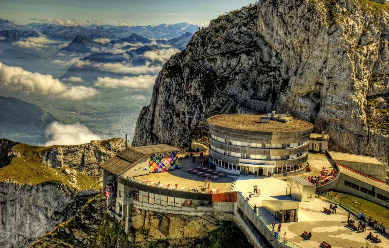 Photo wallpaper clouds, mountains, rocks, Switzerland, the hotel, Switzerland, Mount Pilatus, mount Pilatus