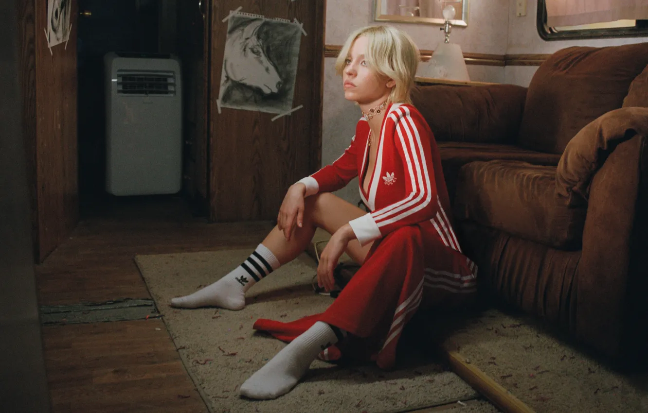 Photo wallpaper sitting, in red, Sydney Sweeney, 12K