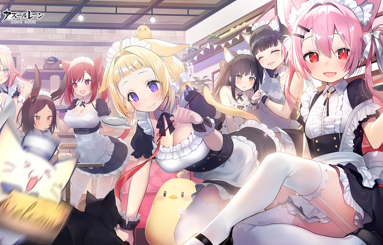 Photo wallpaper sexy, cleavage, thighhighs, pink hair, long hair, dress, legs, girls