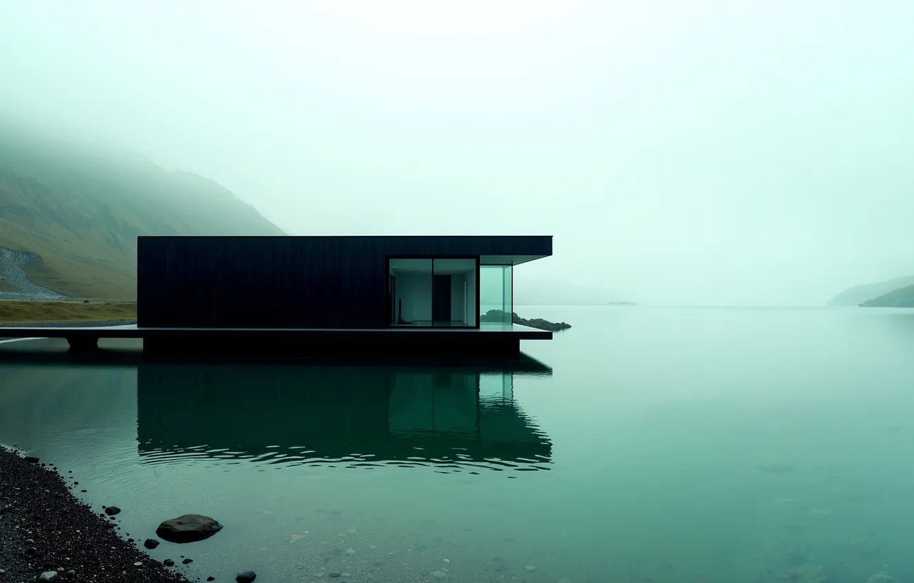 Photo wallpaper mountain, lake, architecture, mist