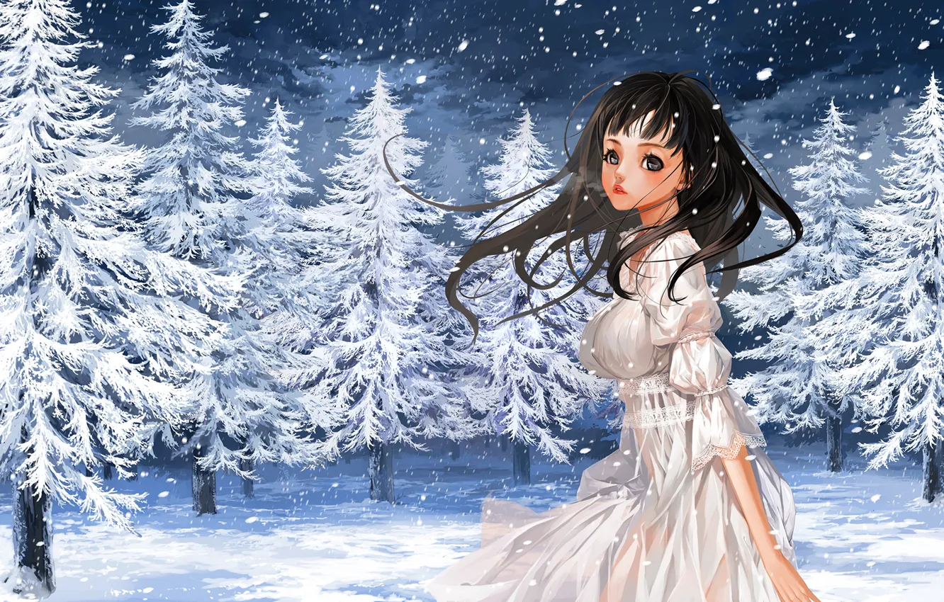 Photo wallpaper winter, girl, snow, nature, tree, anime, art, couples