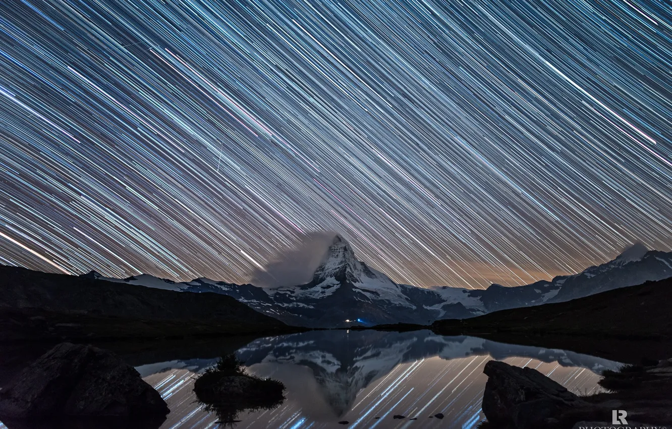 Photo wallpaper stars, snow, mountains, night, lake, excerpt