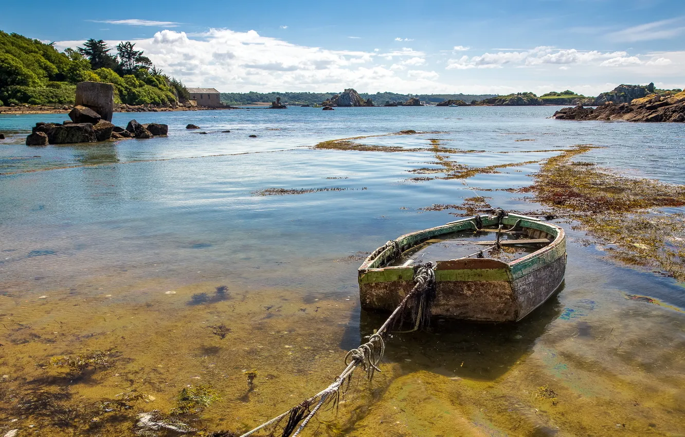 Photo wallpaper landscape, lake, boat