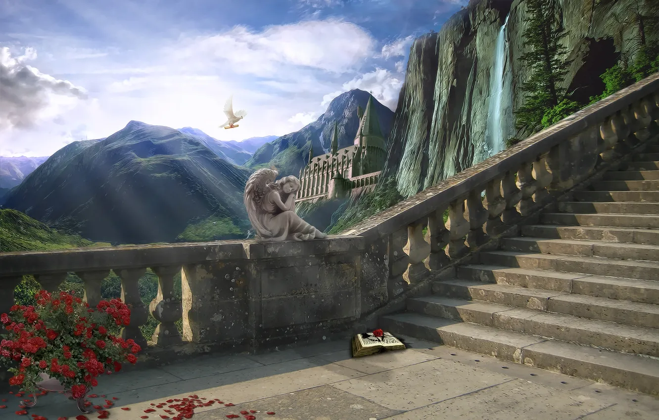 Photo wallpaper landscape, flowers, mountains, waterfall, angel, petals, art, ladder
