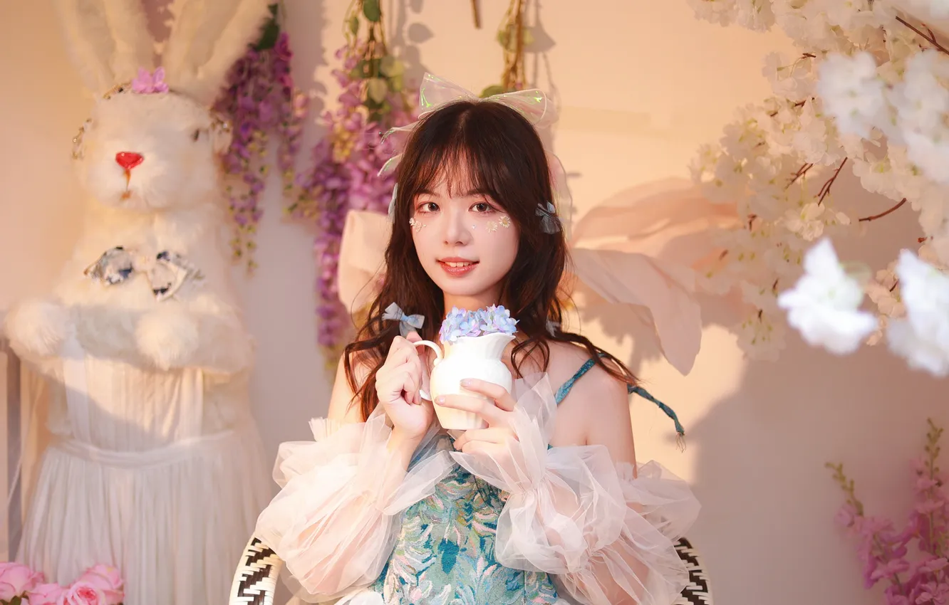 Photo wallpaper woman, smile, rabbit, flowers, beautiful, model, pretty, cup