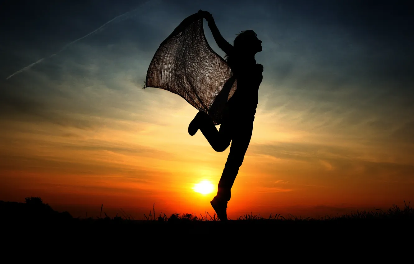Photo wallpaper girl, sunset, jump, silhouette