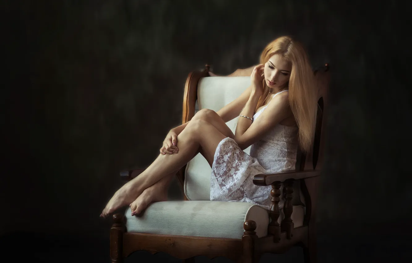 Photo wallpaper girl, pose, background, patterns, sweetheart, portrait, blur, chair