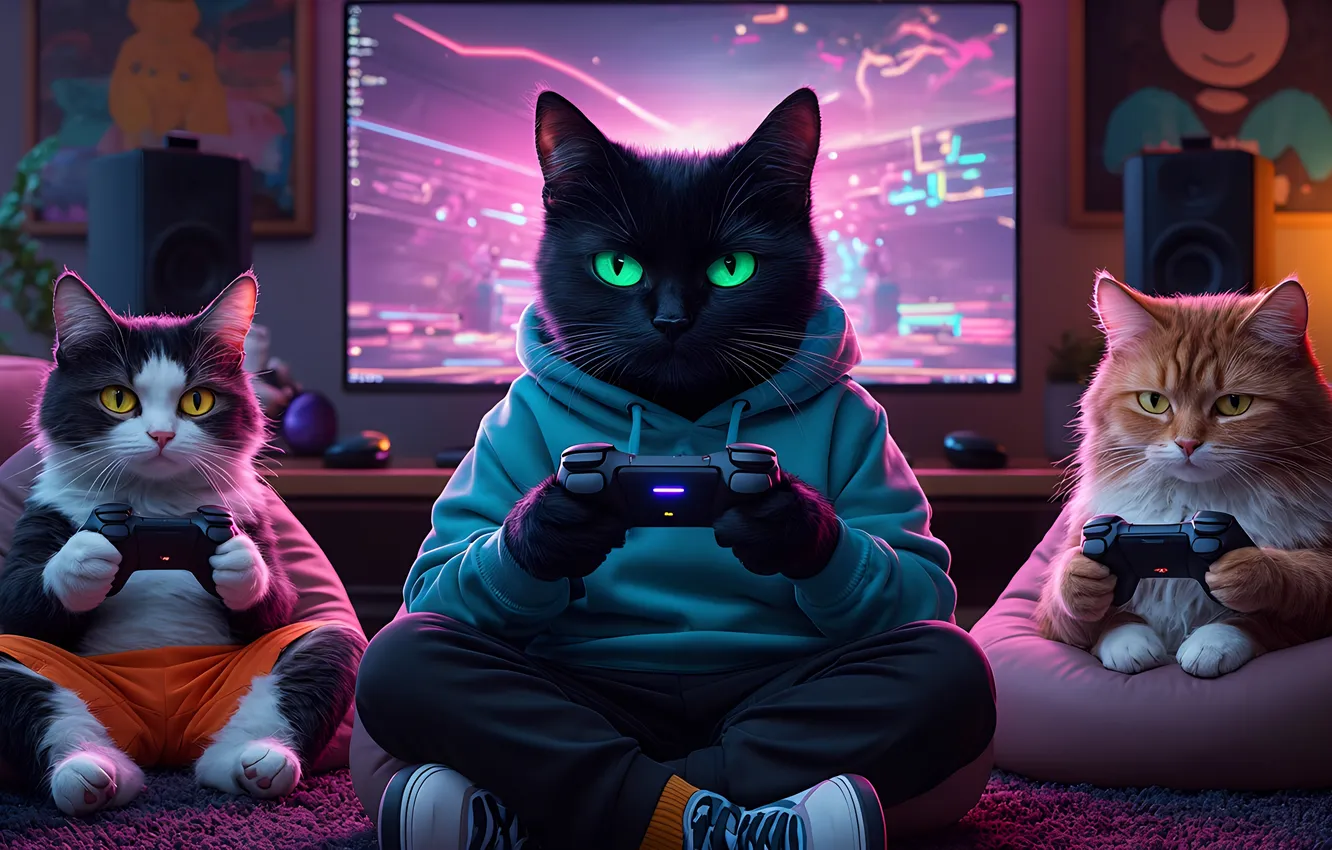 Photo wallpaper cat, the game, joystick, gamer, gamers