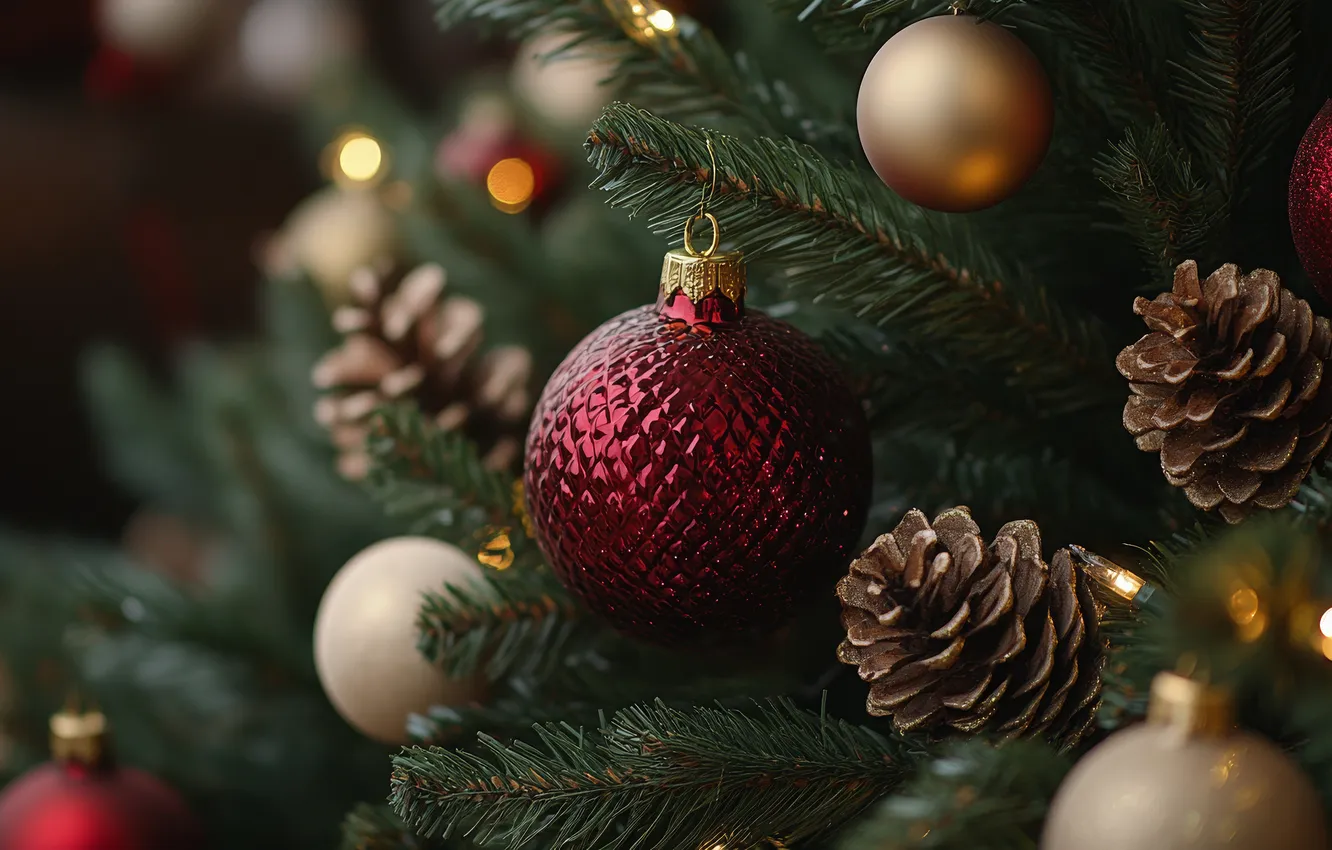 Photo wallpaper balls, new year, Christmas, bumps, bokeh, Christmas decorations, Christmas decorations, Christmas tree