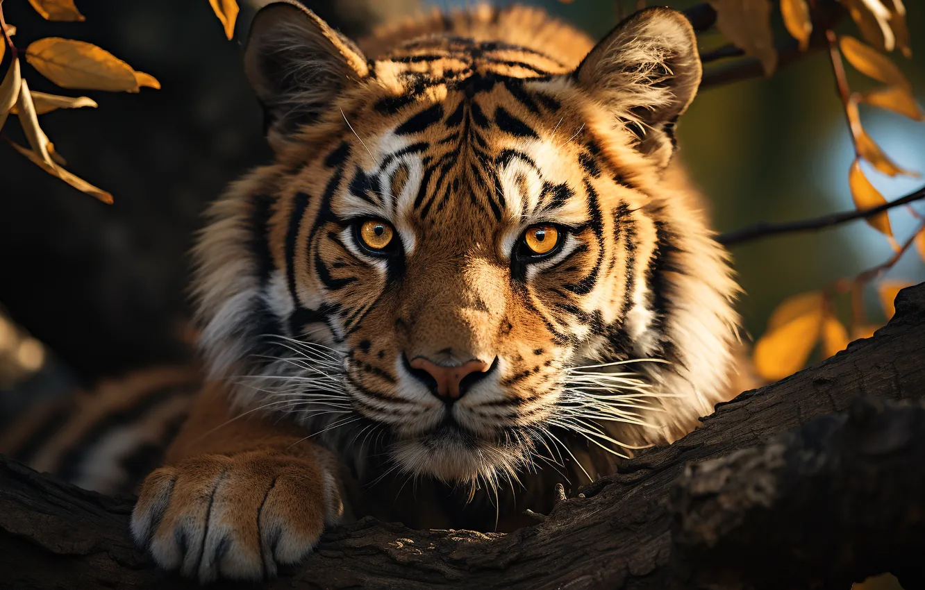 Photo wallpaper autumn, look, face, nature, tiger, foliage, portrait, log