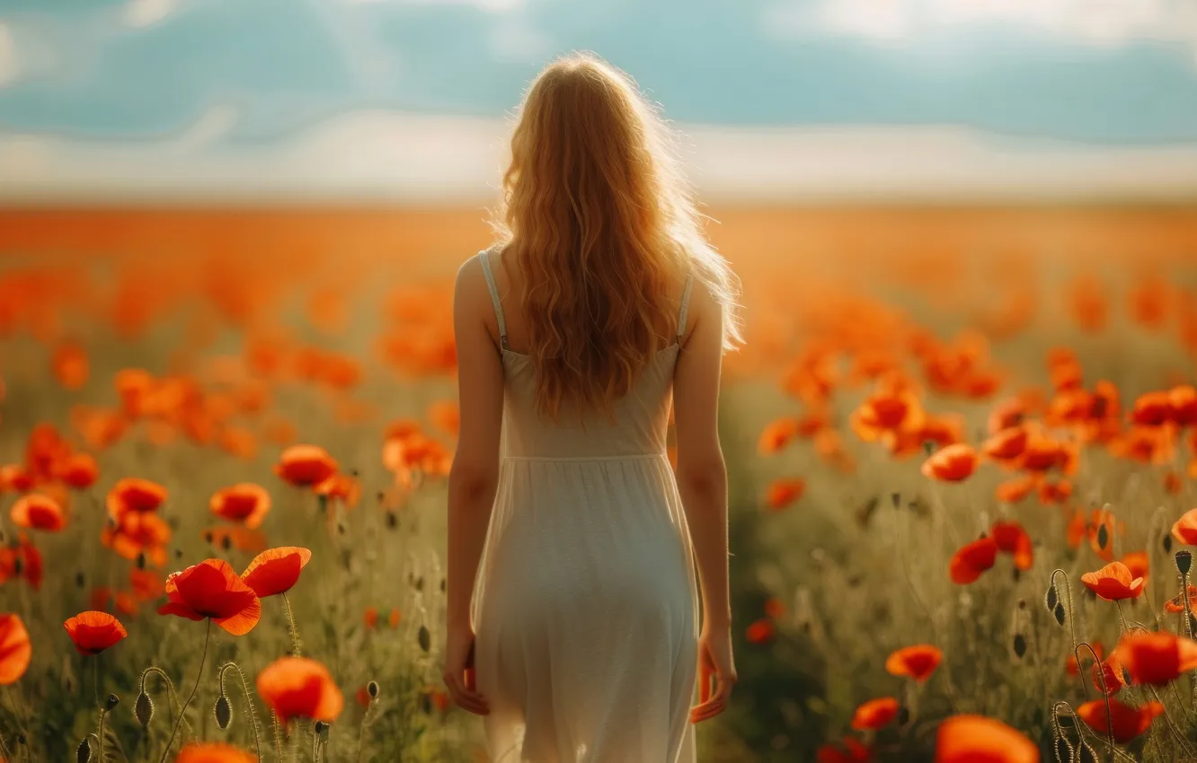 Photo wallpaper field, summer, girl, flowers, red, back, Maki, walk