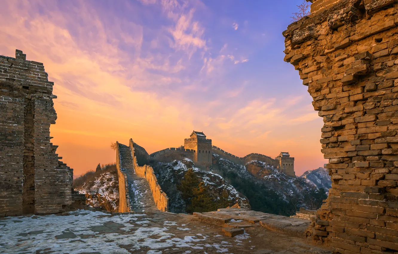 Photo wallpaper mountains, tower, China, Great wall