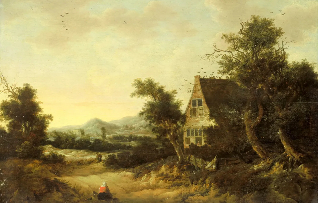 Photo wallpaper trees, oil, picture, Hilly Landscape with Peasant House, Cornelis van Switen