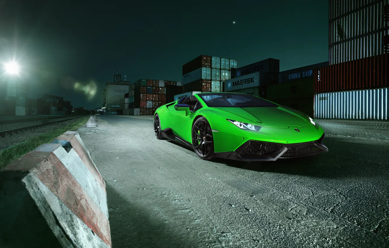 Photo wallpaper machine, light, Lamborghini, the hood, lantern, green, Spyder, the front