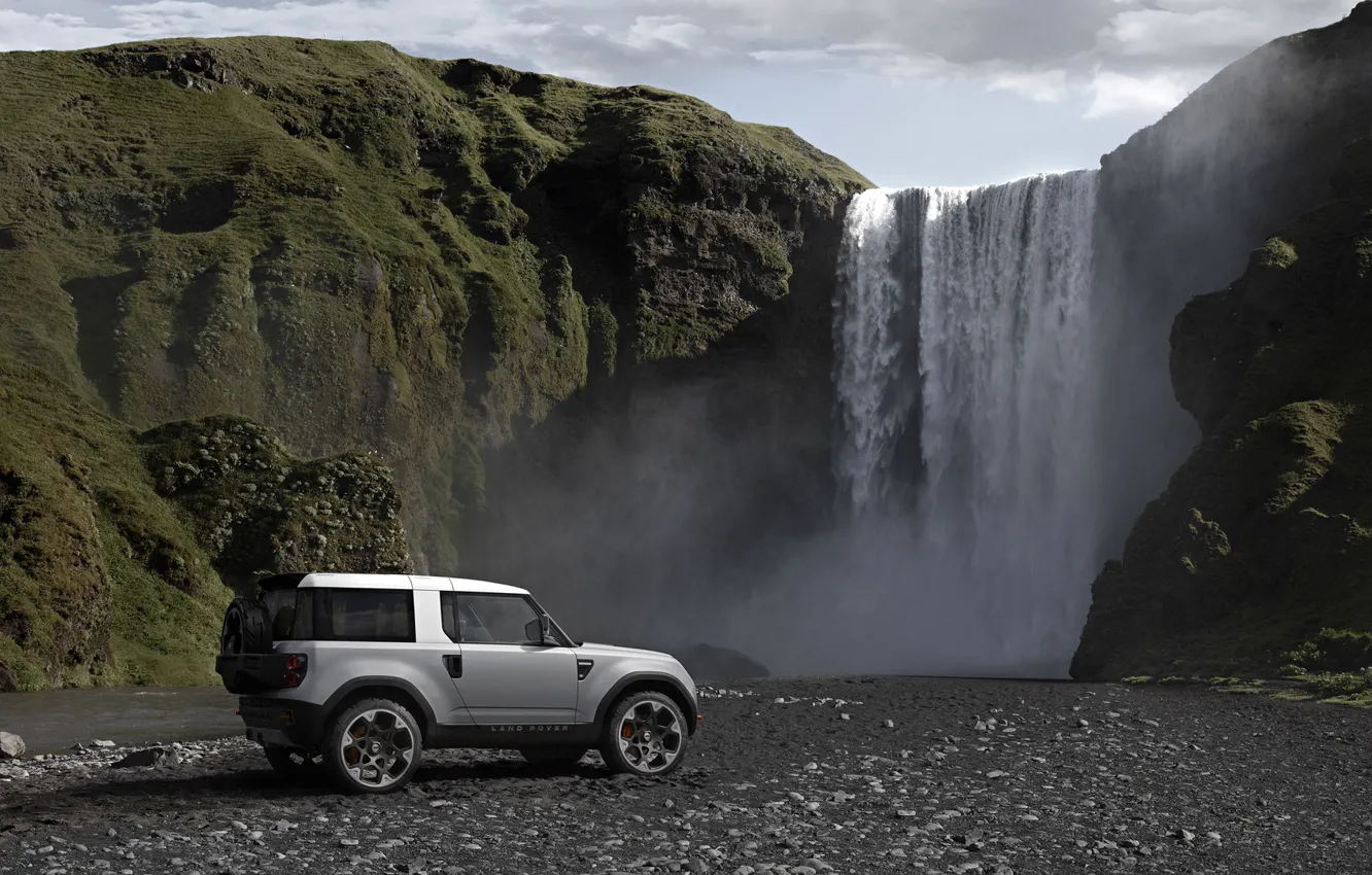 Photo wallpaper landscape, mountains, rocks, waterfall, Land Rover, Sport