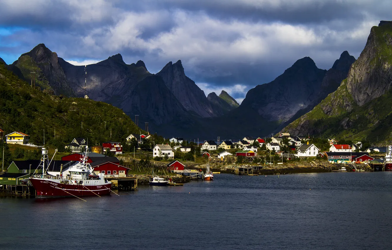 Photo wallpaper the sky, clouds, mountains, rocks, shore, boat, tops, home