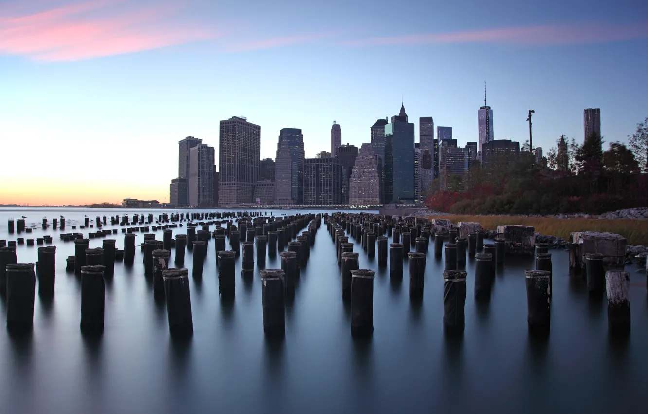 Photo wallpaper USA, Dock, skyline, trees, sunset, water, New York, Manhattan