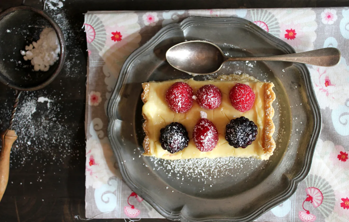 Photo wallpaper berries, raspberry, plate, pie, spoon, dessert