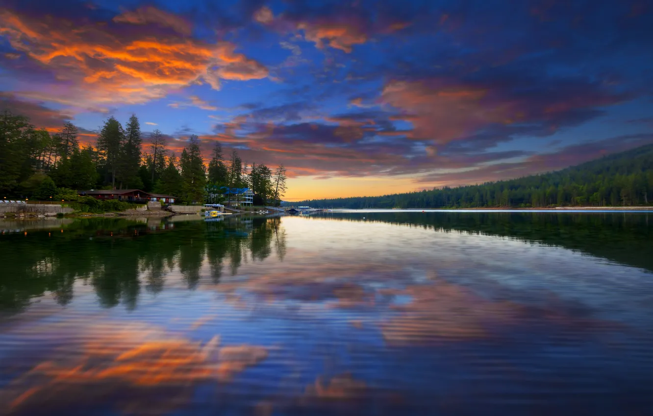 Photo wallpaper forest, the sky, clouds, landscape, nature, lake, reflection, dawn