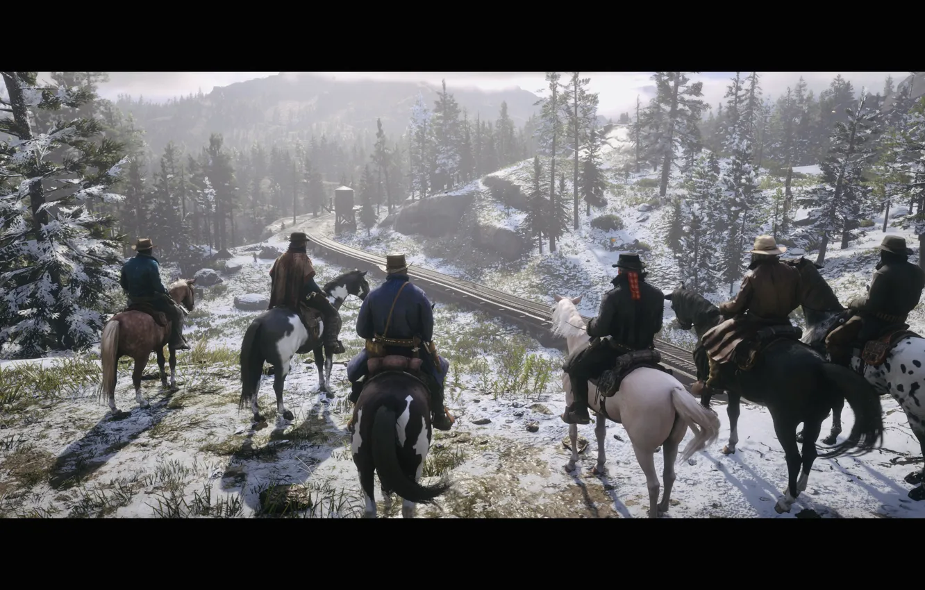 Photo wallpaper HDR, rock, game, wood, mountain, train, horse, UHD