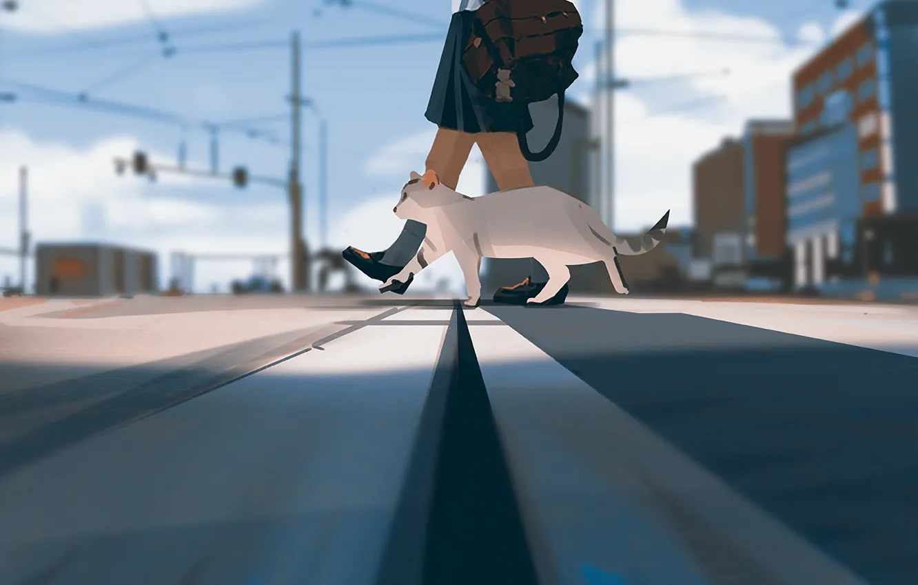 Photo wallpaper the sky, feet, posts, wire, perspective, Japan, schoolgirl, portfolio