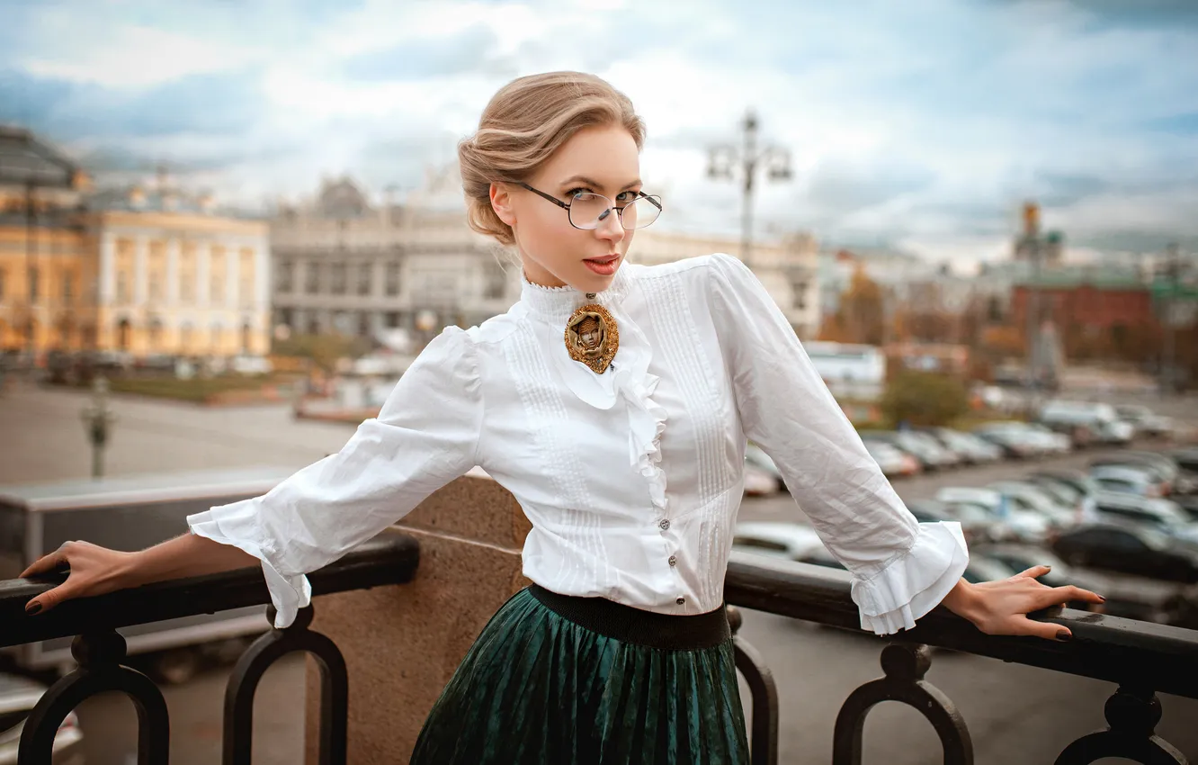 Photo wallpaper girl, pose, style, hands, glasses, blonde, blouse, balcony