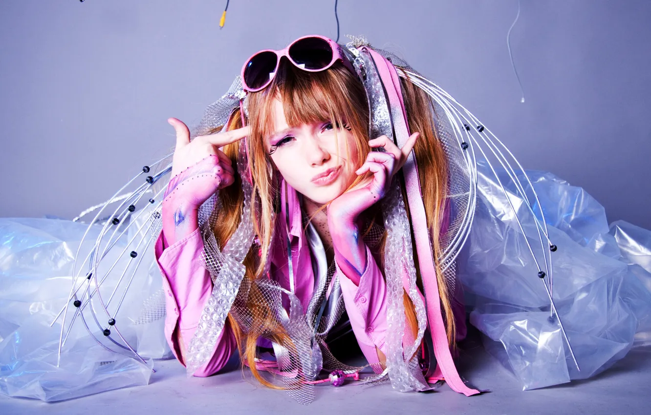 Photo wallpaper girl, style, model, hands, glasses, image, red, redhead