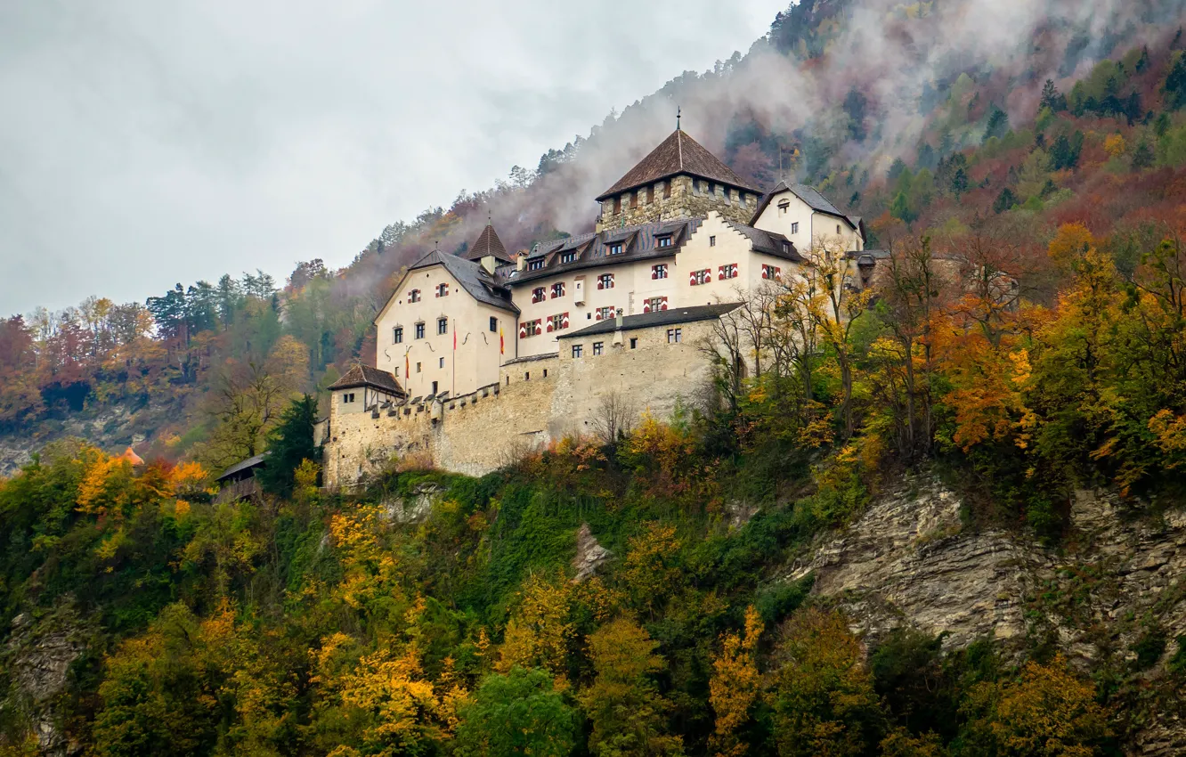 Photo wallpaper autumn, forest, clouds, mountains, fog, castle, rocks, hills