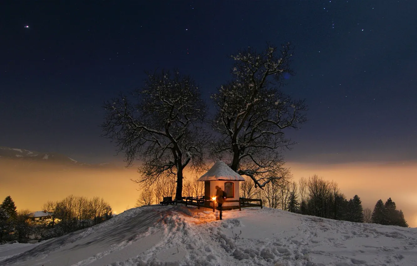 Photo wallpaper winter, the sky, snow, night, traces, chapel