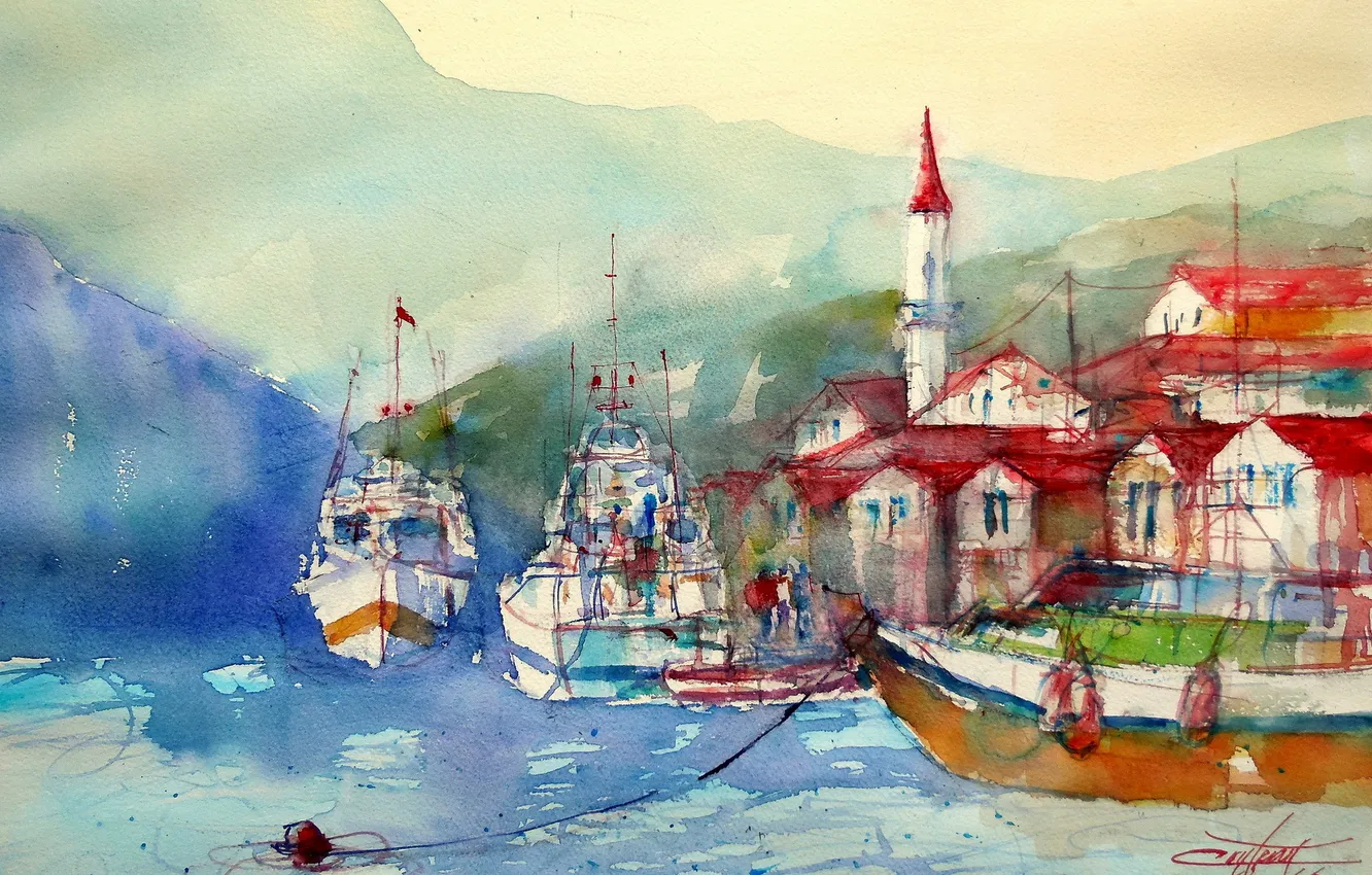 Photo wallpaper painting, boat, akvarel