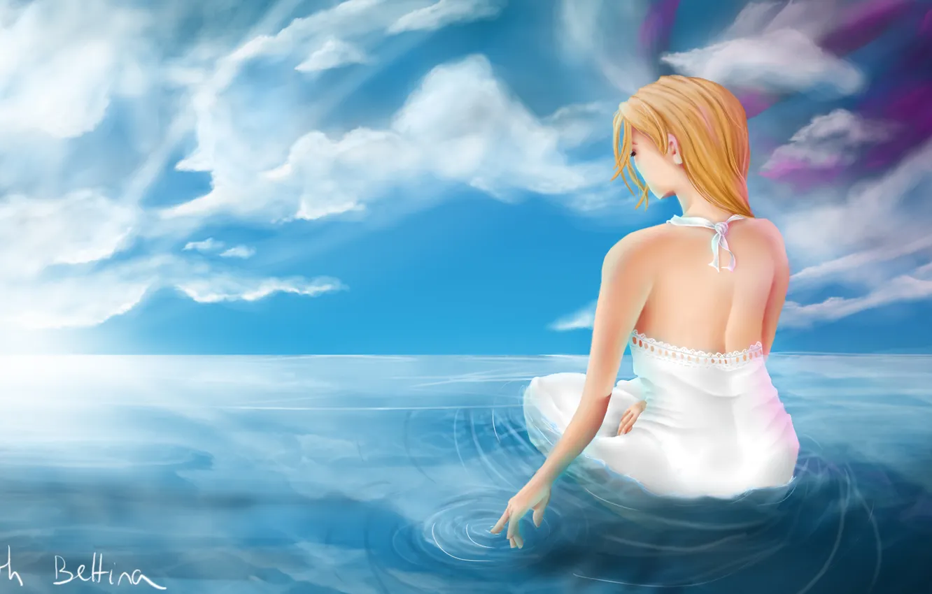 Photo wallpaper the sky, water, girl, the sun, calm, sitting, art, alison90