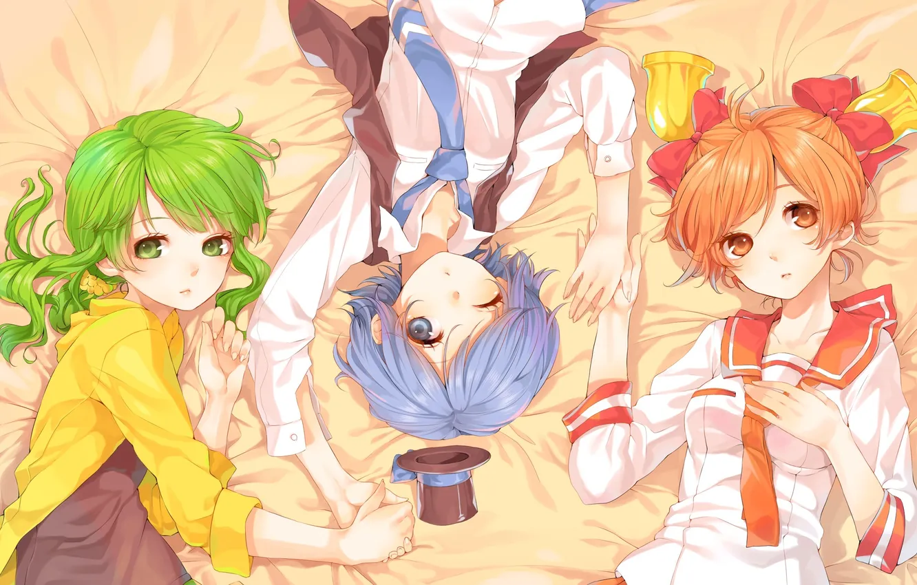 Photo wallpaper art, girl, bed, bells, cylinder, lying, rojiko