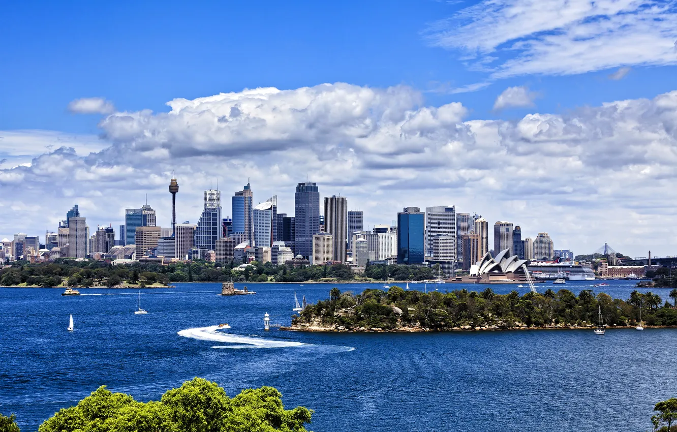 Photo wallpaper landscape, river, boat, building, Australia, boat, Sydney, promenade