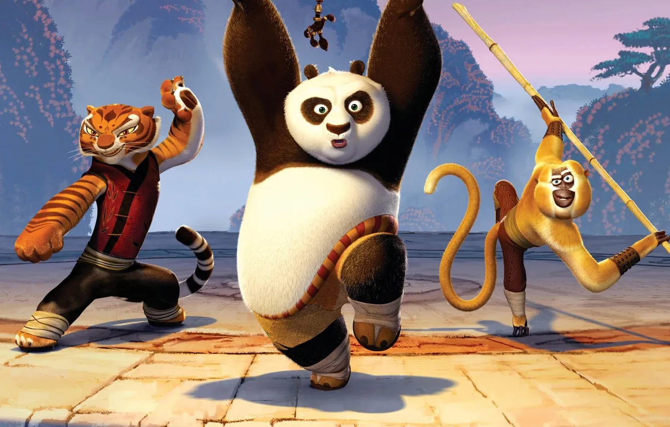 Photo wallpaper cartoon, monkey, tigress, Kung Fu Panda, Kung fu Panda, dragon warrior