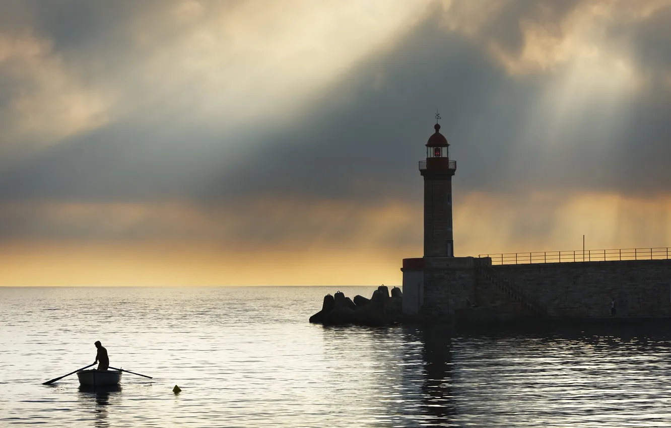 Photo wallpaper sea, sunset, boat, men