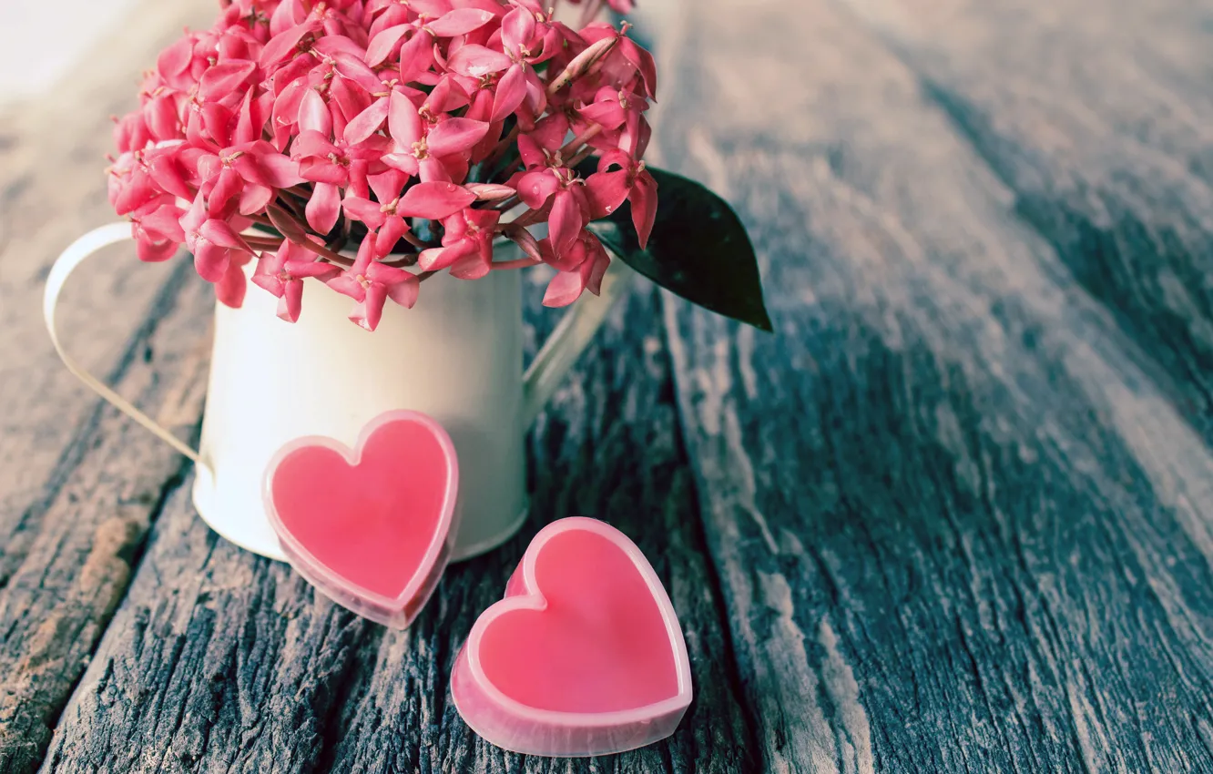 Photo wallpaper flowers, table, heart, hearts, pink