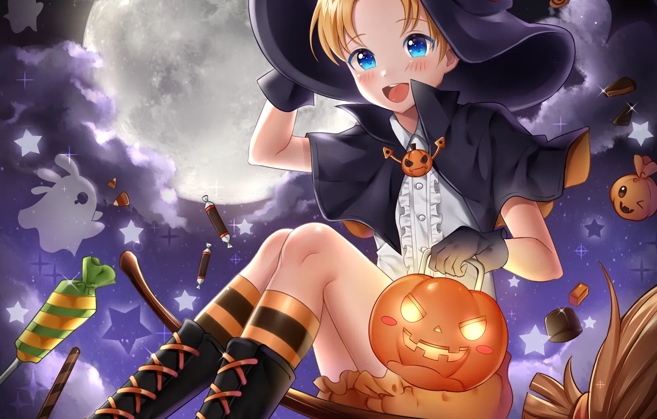 Photo wallpaper girl, pumpkin, Halloween, witch