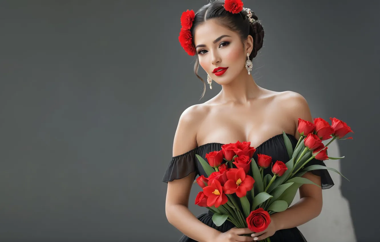 Photo wallpaper girl, roses, tulips, grey background